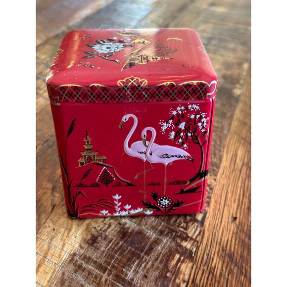 Vintage Red Tin Box With Asian-Inspired Flamingo & Scenic Design Filled With Ass - Picture 1 of 6